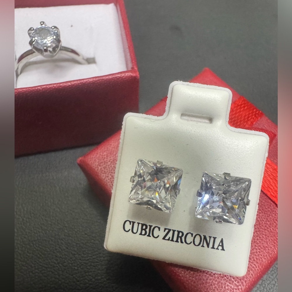 Dazzling Silver Cubic Zirconia Square Earrings & Adjustable Ring.